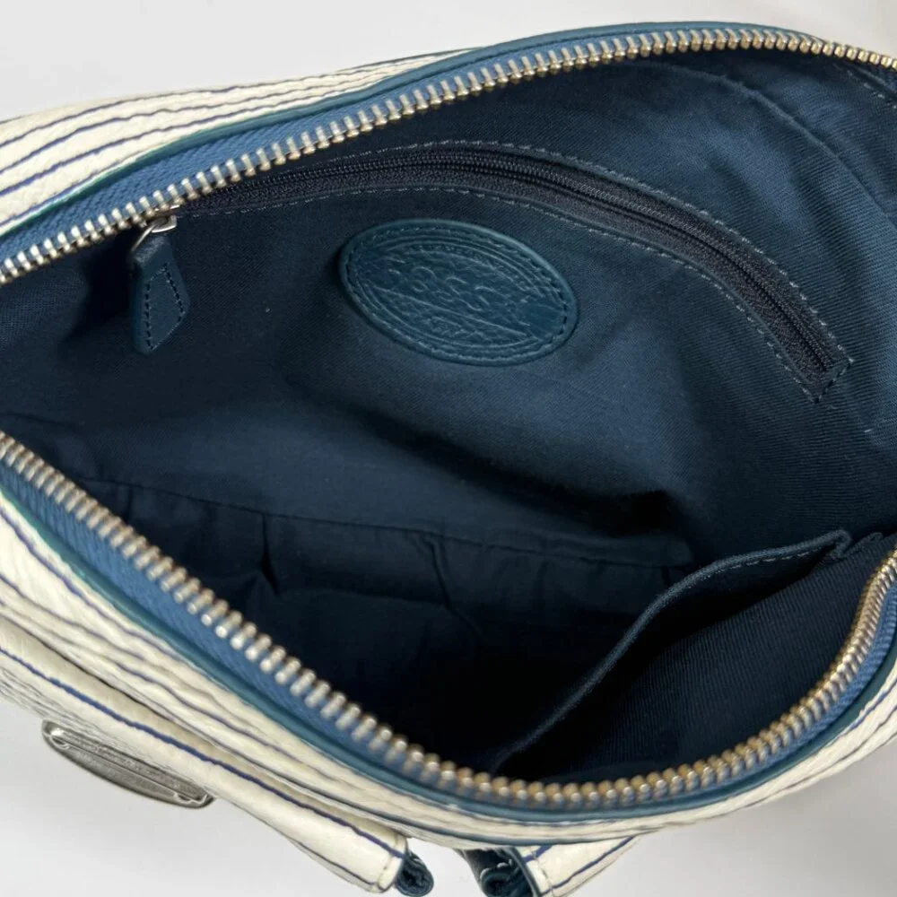 Fossil Riley Crossbody Bag Stripe Print Leather Navy White Adjustable Strap